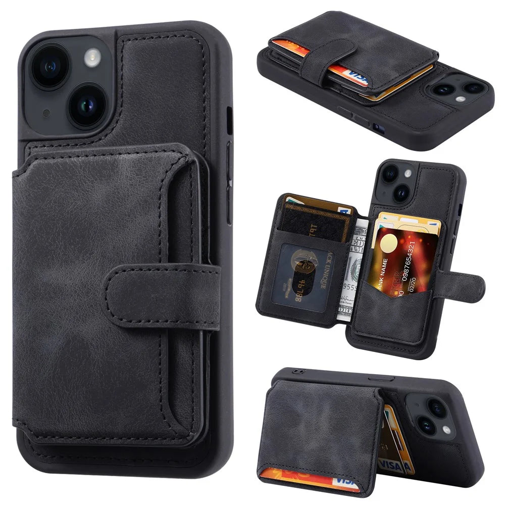 RFID Blocking Phone Case for iPhone 13 , Wallet Kickstand Leather Coated TPU Back Cover - Black - 1