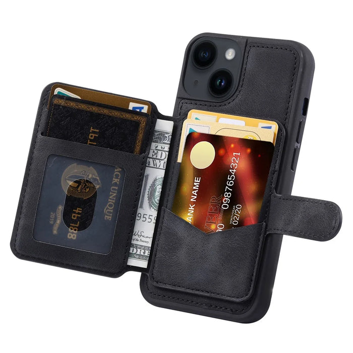 RFID Blocking Phone Case for iPhone 13 , Wallet Kickstand Leather Coated TPU Back Cover - Black - 2