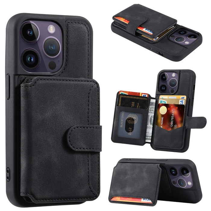 For iPhone 13 Pro RFID Blocking Phone Case Leather Coated TPU Cover with Wallet Kickstand - Black - 1
