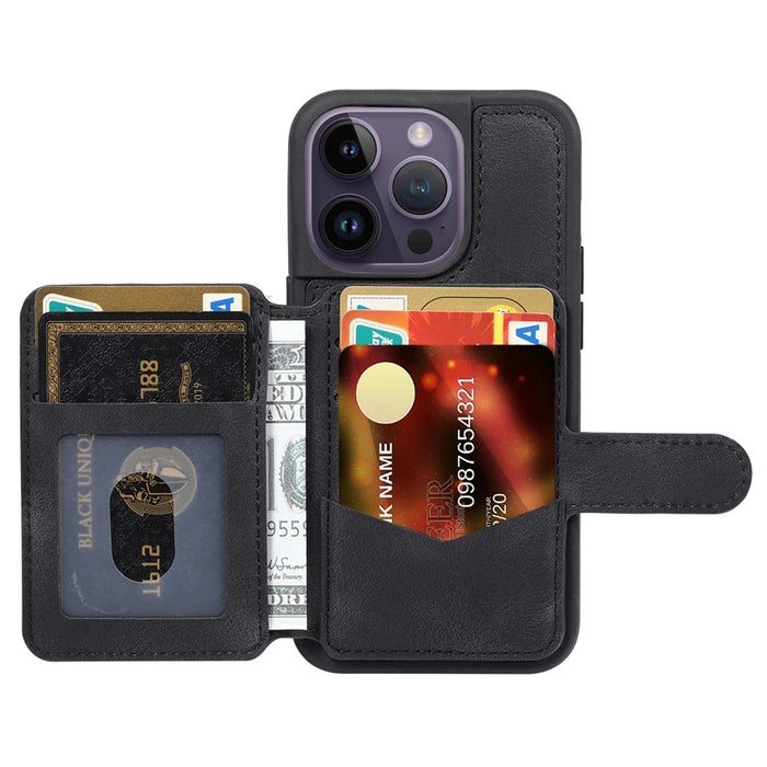 For iPhone 13 Pro RFID Blocking Phone Case Leather Coated TPU Cover with Wallet Kickstand - Black - 3