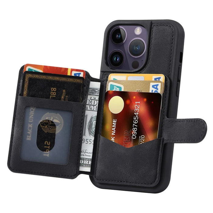 For iPhone 13 Pro RFID Blocking Phone Case Leather Coated TPU Cover with Wallet Kickstand - Black - 4