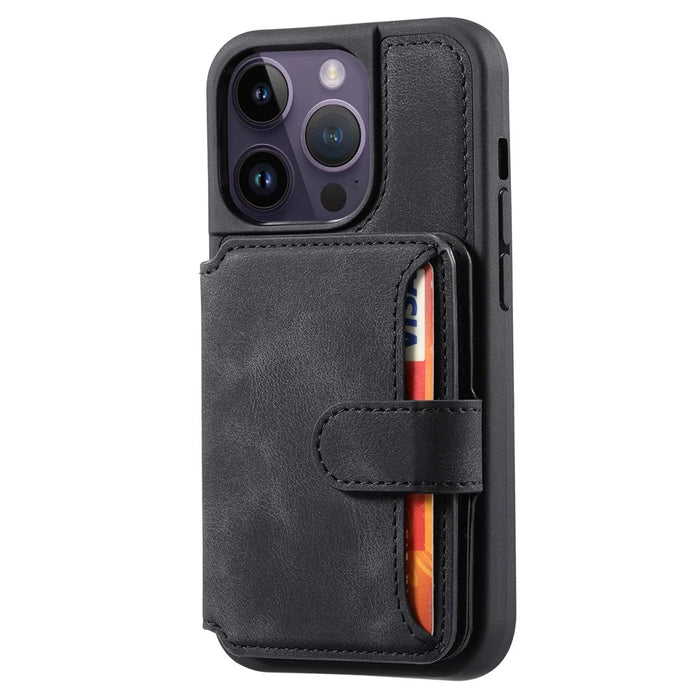 For iPhone 13 Pro RFID Blocking Phone Case Leather Coated TPU Cover with Wallet Kickstand - Black - 6