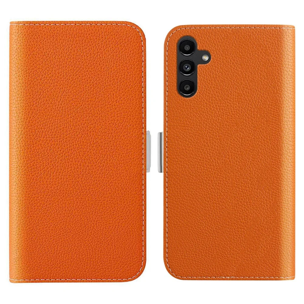 Phone Case Stand Wallet for Samsung Galaxy A34 5G , Litchi Texture Candy Color PU Leather Full Protection Cover - Orange - 1