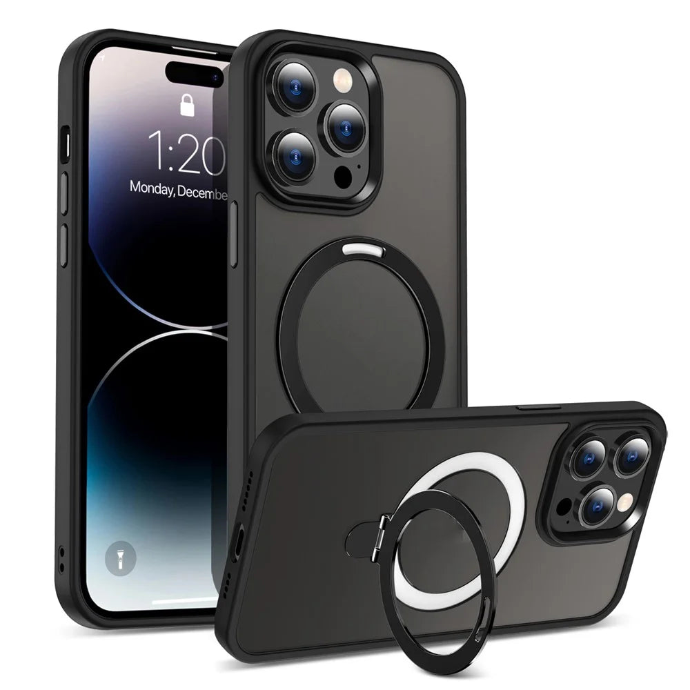 For iPhone 14 Pro Magnetic Phone Case Compatible with MagSafe PC+TPU Ring Kickstand Protective Cover - Black - 1