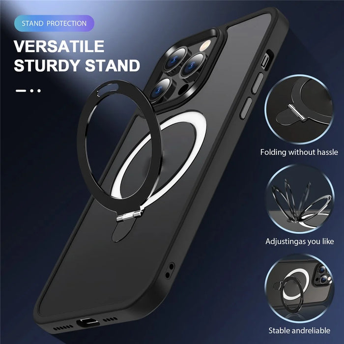 For iPhone 14 Pro Magnetic Phone Case Compatible with MagSafe PC+TPU Ring Kickstand Protective Cover - Black - 5