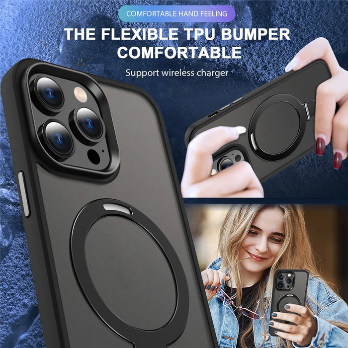 For iPhone 14 Pro Magnetic Phone Case Compatible with MagSafe PC+TPU Ring Kickstand Protective Cover - Black - 6