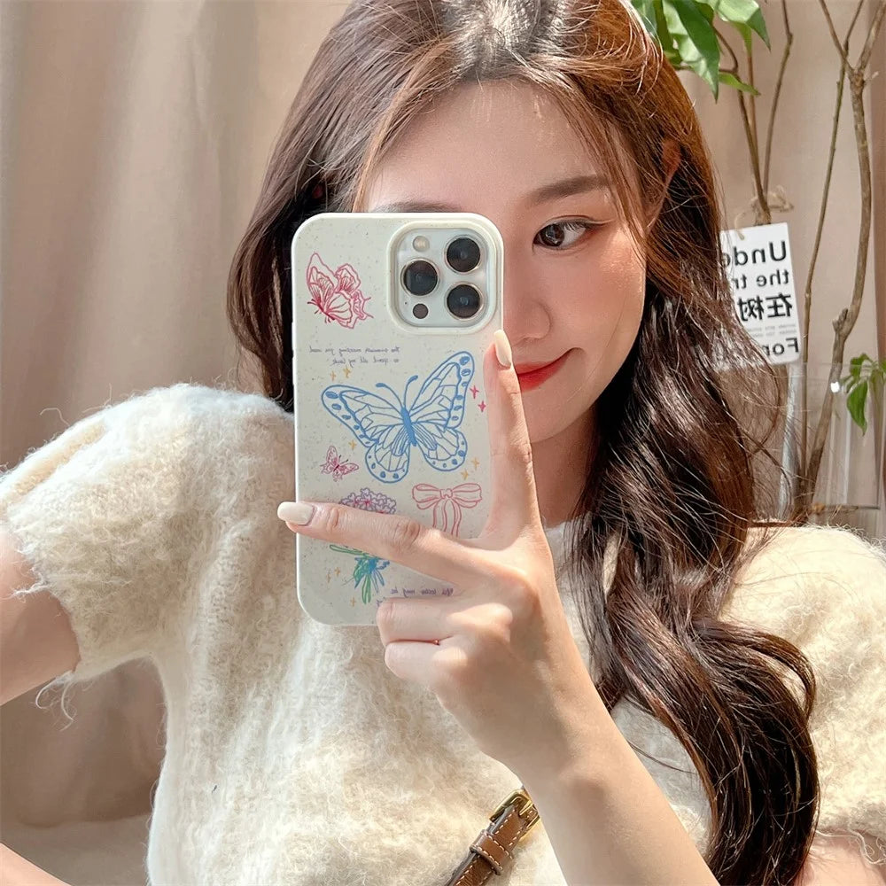 Phone Case for iPhone 13 Pro Max 6.7 inch Wheat Straw Degradable Slim Cover Pattern Printing Phone Shell - Line Butterfly - 4