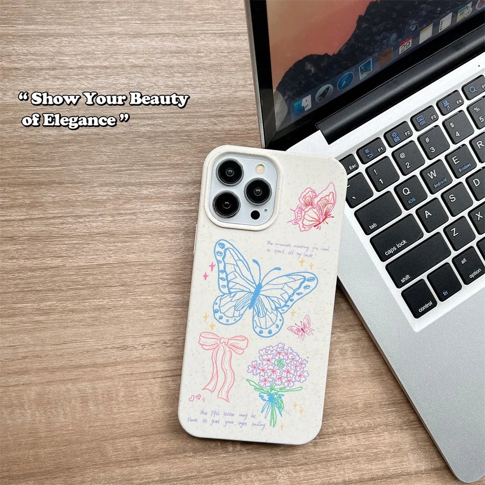 Phone Case for iPhone 13 Pro Max 6.7 inch Wheat Straw Degradable Slim Cover Pattern Printing Phone Shell - Line Butterfly - 6