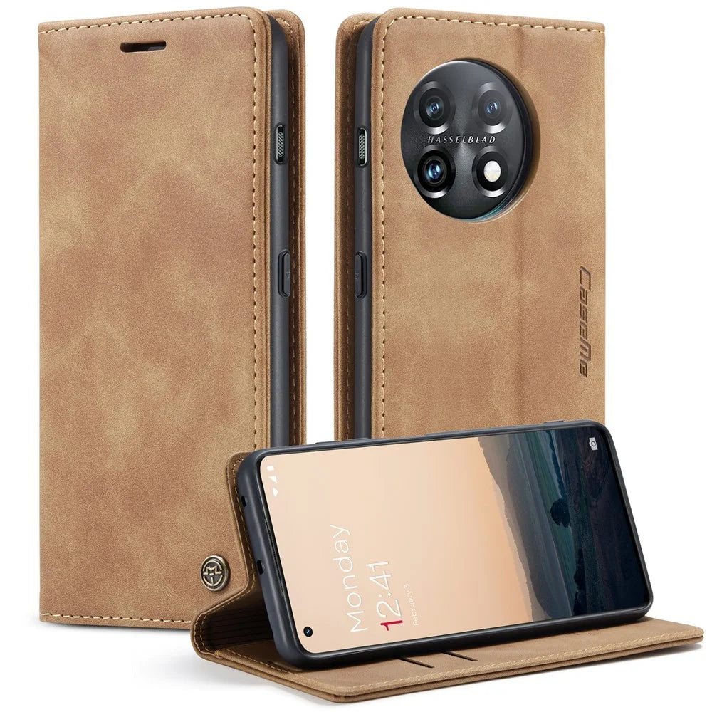 CASEME 013 Series Phone Shell for OnePlus 11 5G Magnetic Flip PU Leather Case Wallet Stand Cover - Brown - 1