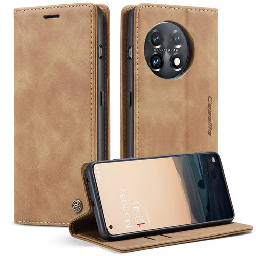 CASEME 013 Series Phone Shell for OnePlus 11 5G Magnetic Flip PU Leather Case Wallet Stand Cover - Brown - 1