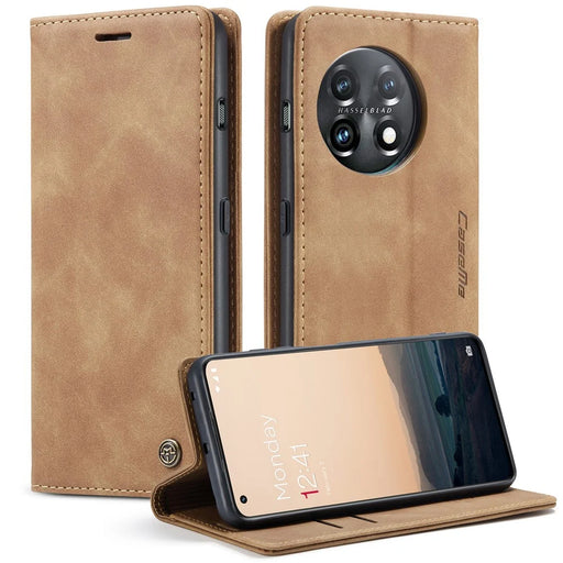CASEME 013 Series Phone Shell for OnePlus 11 5G Magnetic Flip PU Leather Case Wallet Stand Cover - Brown - 1