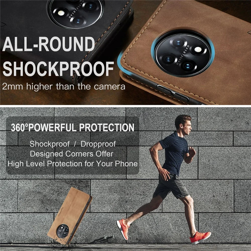 CASEME 013 Series Phone Shell for OnePlus 11 5G Magnetic Flip PU Leather Case Wallet Stand Cover - Brown - 5