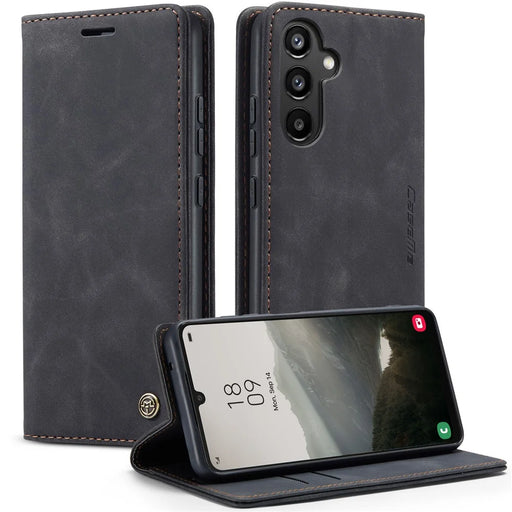 CASEME 013 Series Phone Shell for Samsung Galaxy A24 4G (162.1 x 77.6 x 8.3mm) PU Leather Case Wallet Stand Flip Cover - Black - 1