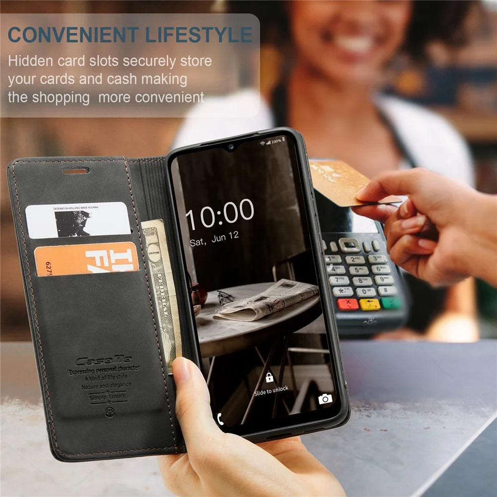 CASEME 013 Series Phone Shell for Samsung Galaxy A24 4G (162.1 x 77.6 x 8.3mm) PU Leather Case Wallet Stand Flip Cover - Black - 6