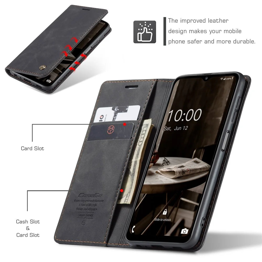 CASEME 013 Series Phone Shell for Samsung Galaxy A24 4G (162.1 x 77.6 x 8.3mm) PU Leather Case Wallet Stand Flip Cover - Black - 7