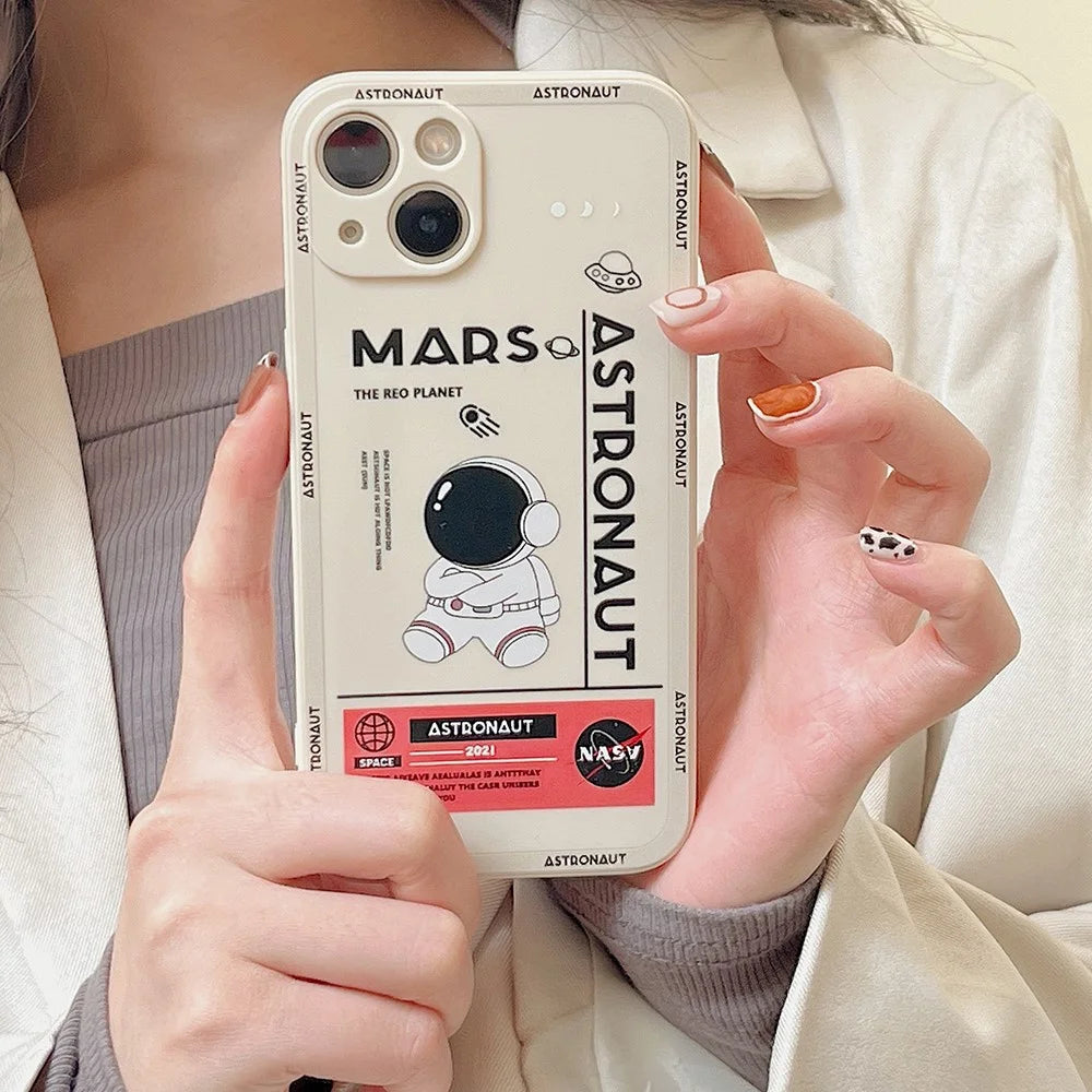 For iPhone 14 Plus Soft TPU Phone Case Precise Cutout Mars Astronaut Pattern Shockproof Cover - White - 6