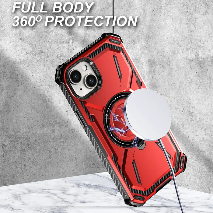 Magnetic Phone Case for iPhone 13 , PC+TPU Ring Kickstand Phone Cover Compatible with MagSafe - Red - 4