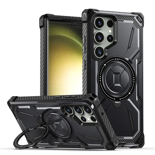 For Samsung Galaxy S23 Ultra Ring Holder Kickstand Phone Case PC+TPU Magnetic Phone Cover - Black - 1
