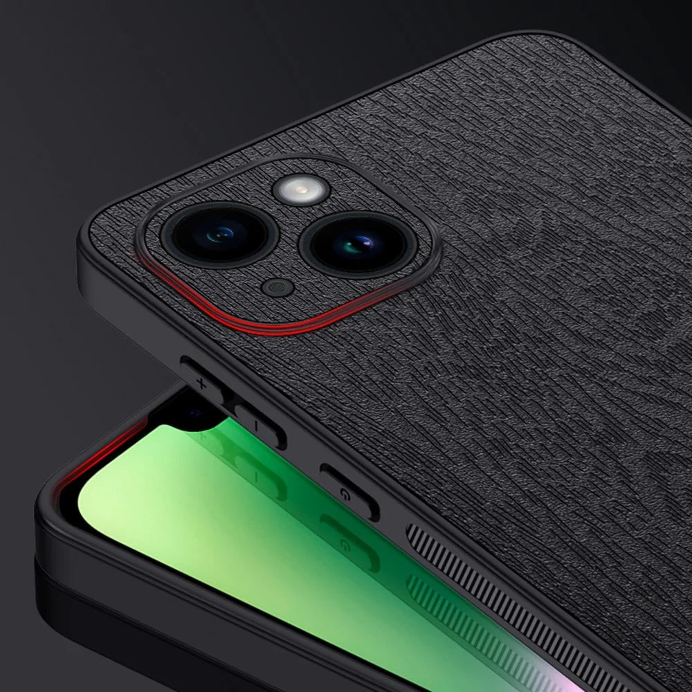 For iPhone 14 Plus Wood Grain Phone Cover PU Leather+PC+TPU Case with All-wrapped Camera Protection - Grey - 5