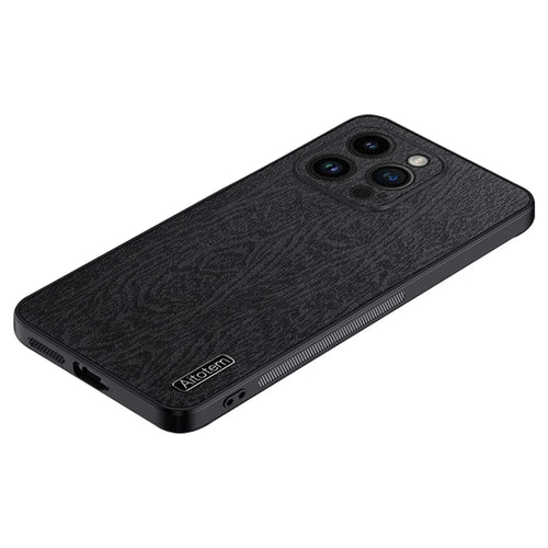 PU Leather+PC+TPU Phone Case For iPhone 14 Pro Max Wood Grain Phone Cover with All-wrapped Camera Protection - Black - 1