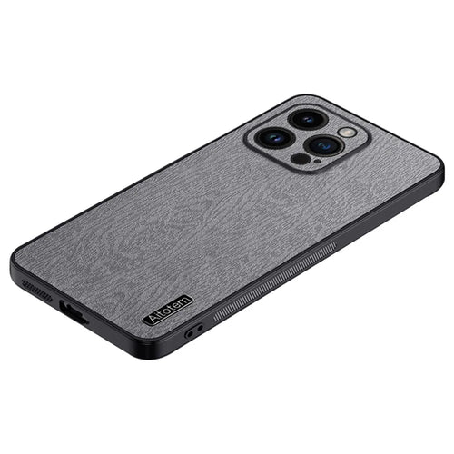 For iPhone 13 Pro 6.1 inch Anti-Scratch Wood Grain Phone Cover PU Leather+PC+TPU Case with All-wrapped Camera Protection - Grey - 1