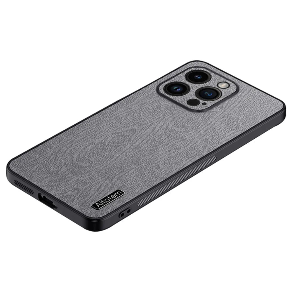 Wood Grain Phone Case for iPhone 13 Pro Max 6.7 inch PU Leather PC TPU Shell with Camera Lens Protector - Grey - 1