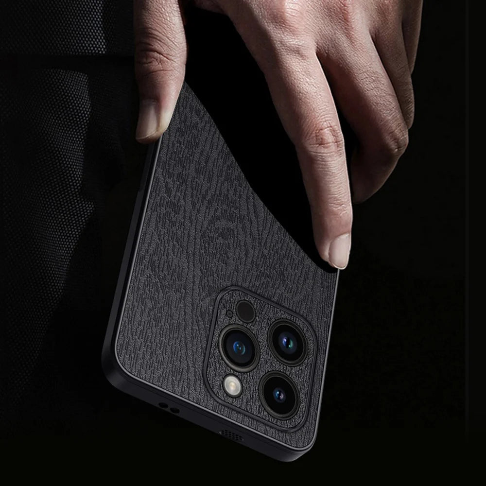 Wood Grain Phone Case for iPhone 13 Pro Max 6.7 inch PU Leather PC TPU Shell with Camera Lens Protector - Grey - 3