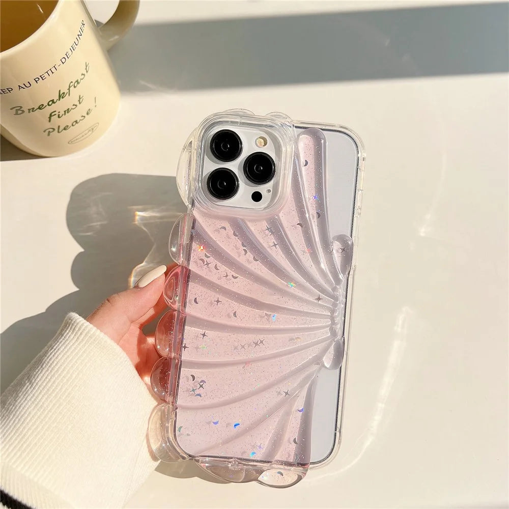 For iPhone 14 Pro Max Sparkly Star Epoxy Phone Case Soft TPU Cute 3D Sea Shell Anti-Slip Cover - Pink - 2