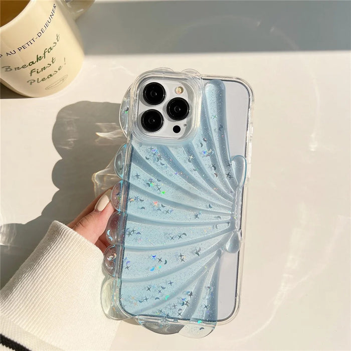 For iPhone 13 Pro Max 6.7 inch Glitter Star Epoxy Phone Case Soft TPU Sea Shell Shockproof Cover - Blue - 2