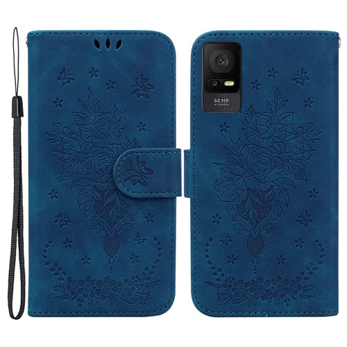 For TCL 408 Leather Phone Case Stand Wallet Rose Butterfly Imprinted Cell Phone Cover - Blue - 1