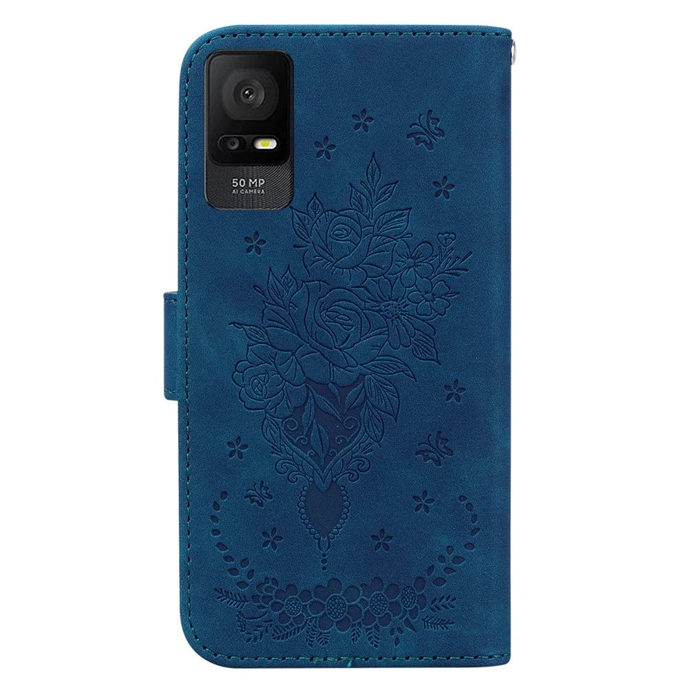 For TCL 408 Leather Phone Case Stand Wallet Rose Butterfly Imprinted Cell Phone Cover - Blue - 7