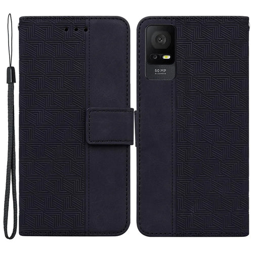 For TCL 408 PU Leather Wallet Flip Case Geometry Pattern Imprinted Stand Phone Cover - Black - 1