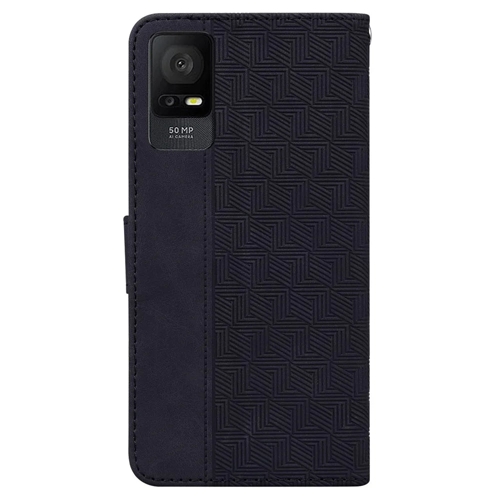 For TCL 408 PU Leather Wallet Flip Case Geometry Pattern Imprinted Stand Phone Cover - Black - 7
