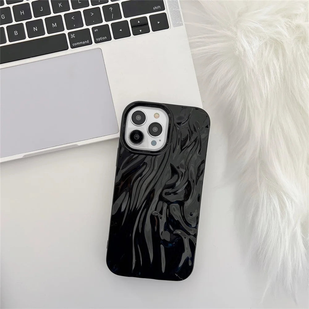 For iPhone 13 Pro Max 6.7 inch Shockproof Pleat Design Glossy Phone Case Soft TPU Back Cover - Black - 2