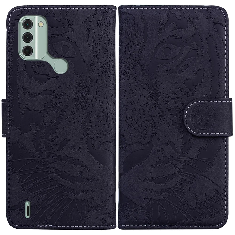 For Nokia C31 4G PU Leather Wallet Stand Case Tiger Imprinted Shockproof Phone Cover - Black - 1
