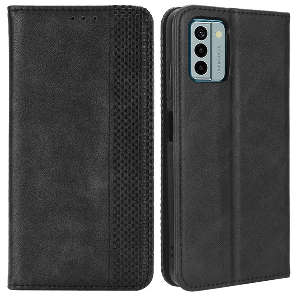 For Nokia G22 PU Leather Retro Phone Case Wallet Stand Magnetic Flip Cover - Black - 1