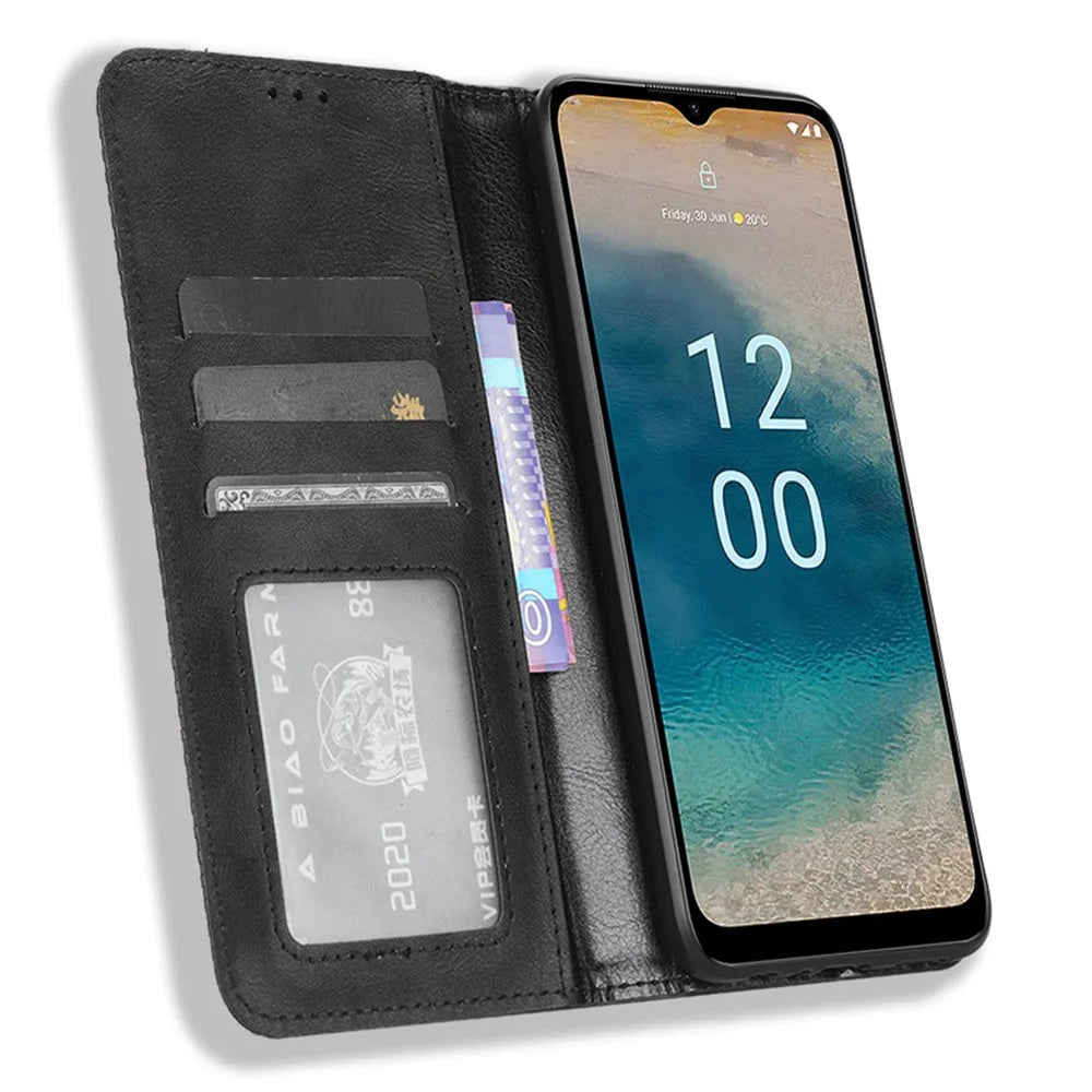 For Nokia G22 PU Leather Retro Phone Case Wallet Stand Magnetic Flip Cover - Black - 2