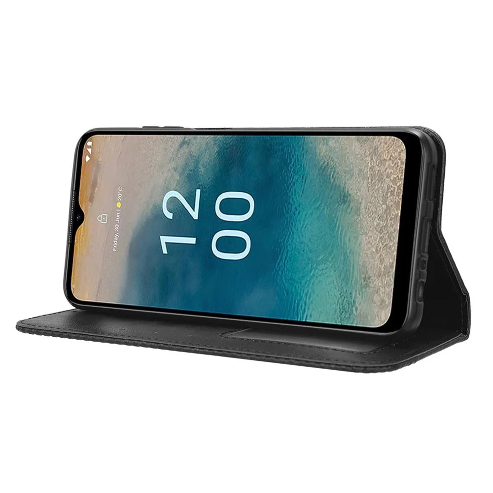 For Nokia G22 PU Leather Retro Phone Case Wallet Stand Magnetic Flip Cover - Black - 3