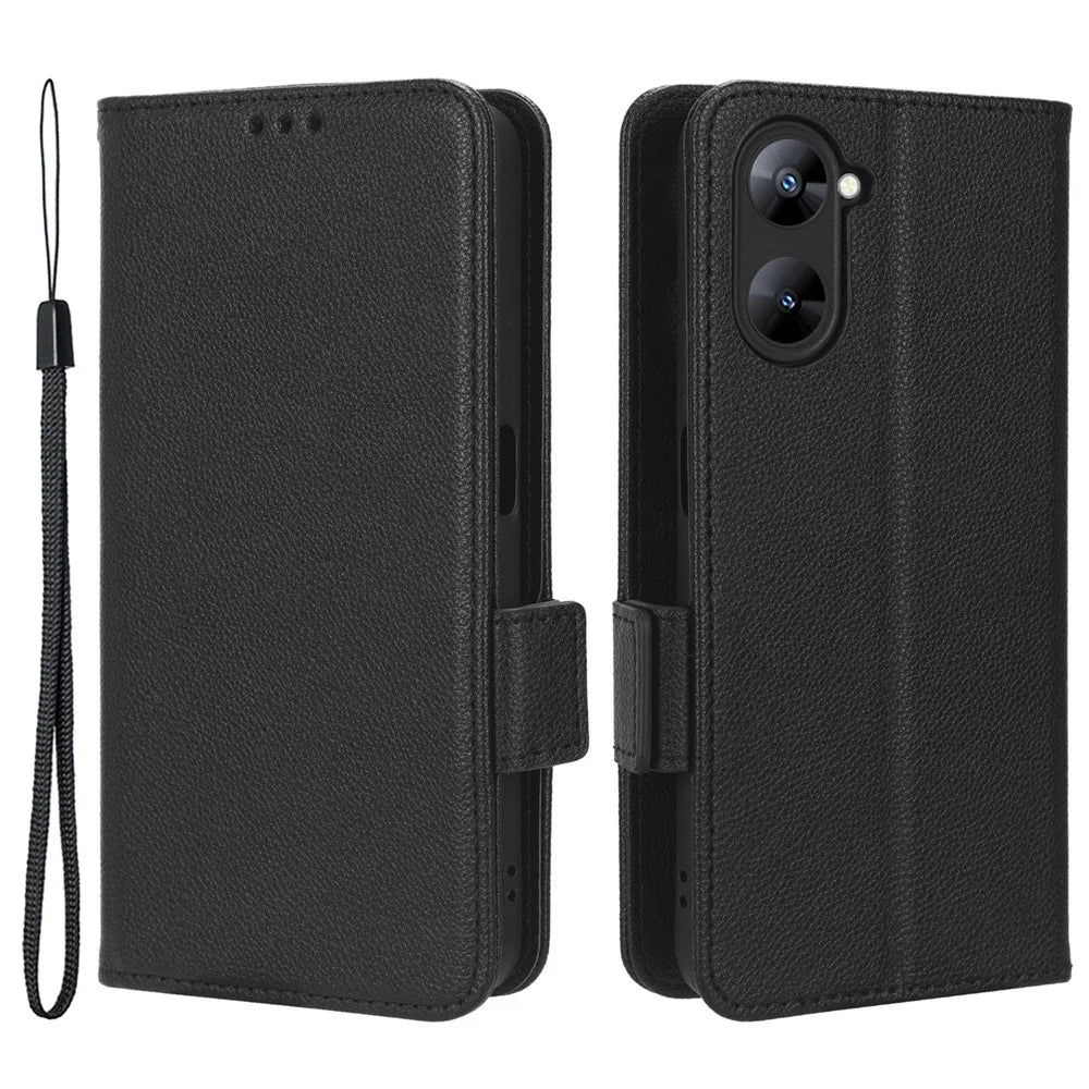For Realme V30 5G / V30t Phone Wallet Case PU Leather Litchi Texture Magnetic Clasp Stand Phone Cover - Black - 1