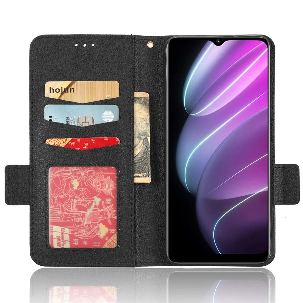 For Realme V30 5G / V30t Phone Wallet Case PU Leather Litchi Texture Magnetic Clasp Stand Phone Cover - Black - 2