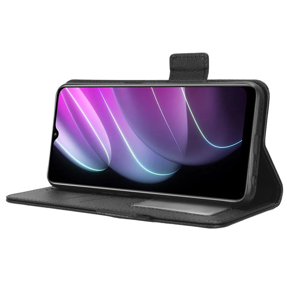 For Realme V30 5G / V30t Phone Wallet Case PU Leather Litchi Texture Magnetic Clasp Stand Phone Cover - Black - 3