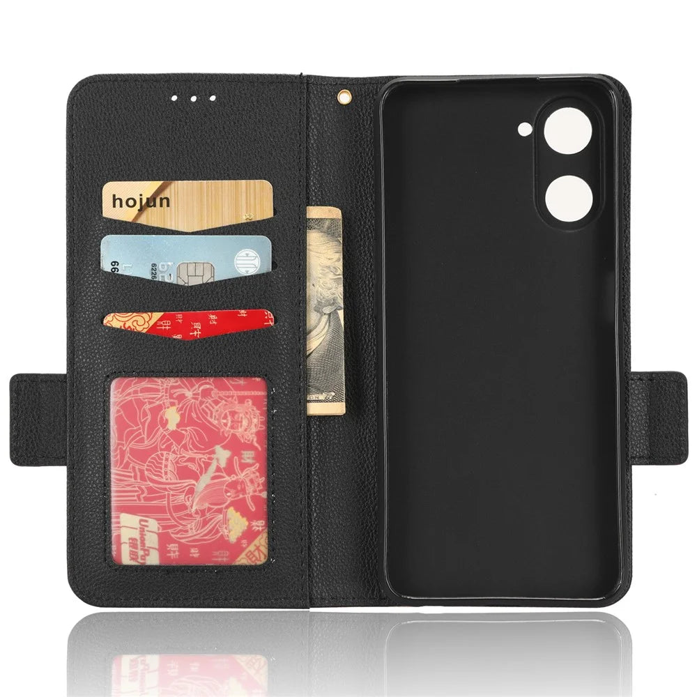 For Realme V30 5G / V30t Phone Wallet Case PU Leather Litchi Texture Magnetic Clasp Stand Phone Cover - Black - 4