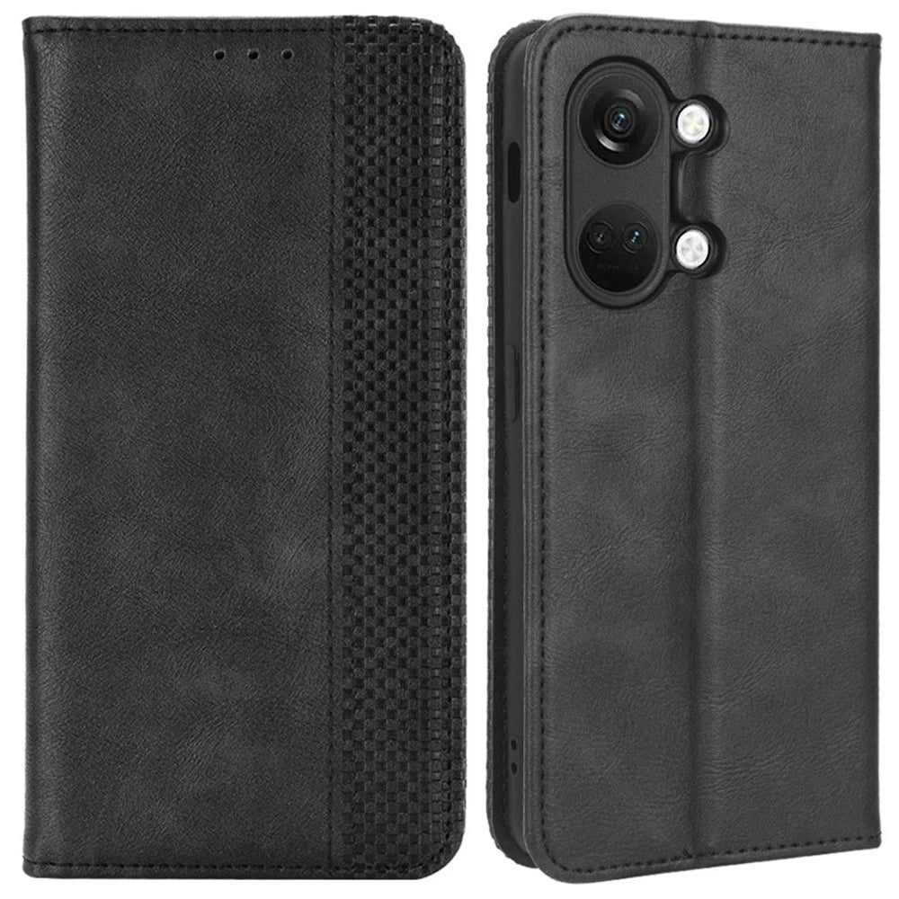 For OnePlus Nord 3 5G / Ace 2V Retro Phone Case PU Leather+TPU Phone Cover with Wallet Stand - Black - 1