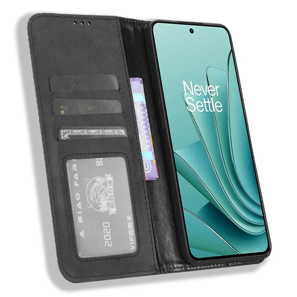 For OnePlus Nord 3 5G / Ace 2V Retro Phone Case PU Leather+TPU Phone Cover with Wallet Stand - Black - 2