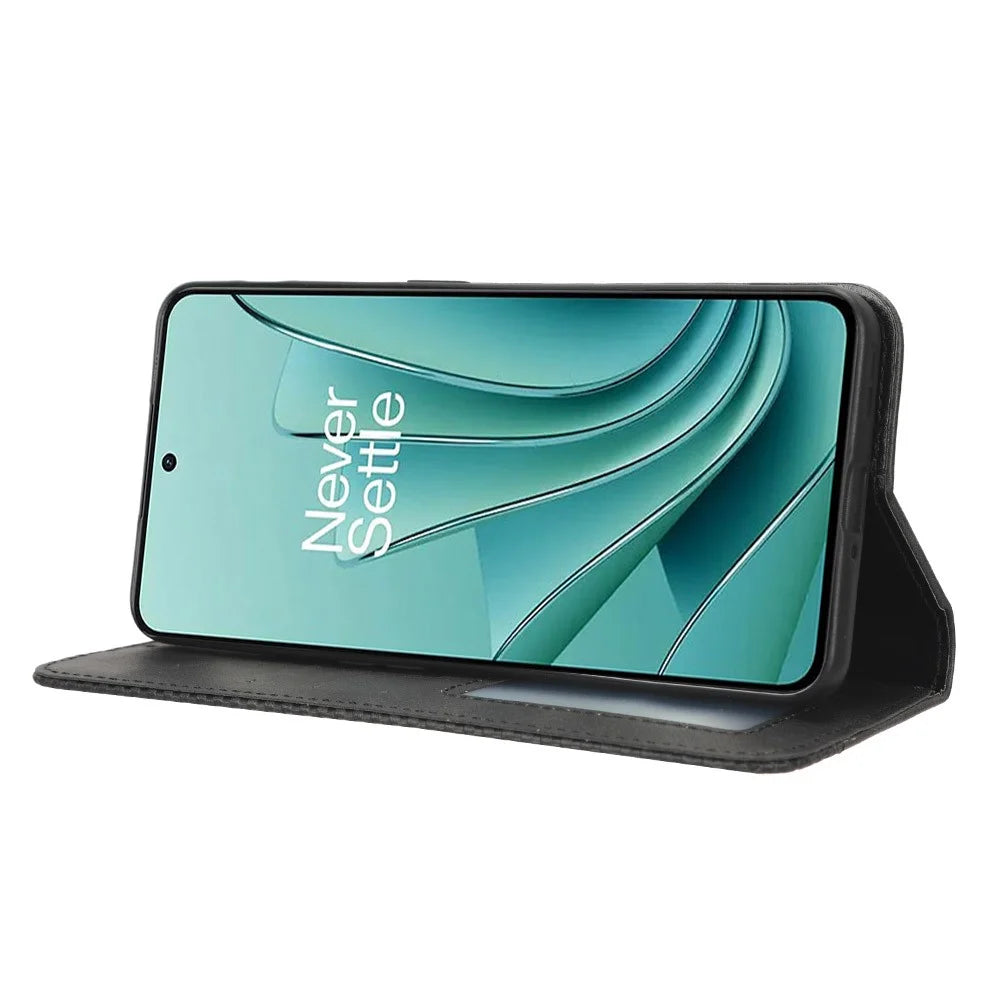 For OnePlus Nord 3 5G / Ace 2V Retro Phone Case PU Leather+TPU Phone Cover with Wallet Stand - Black - 3