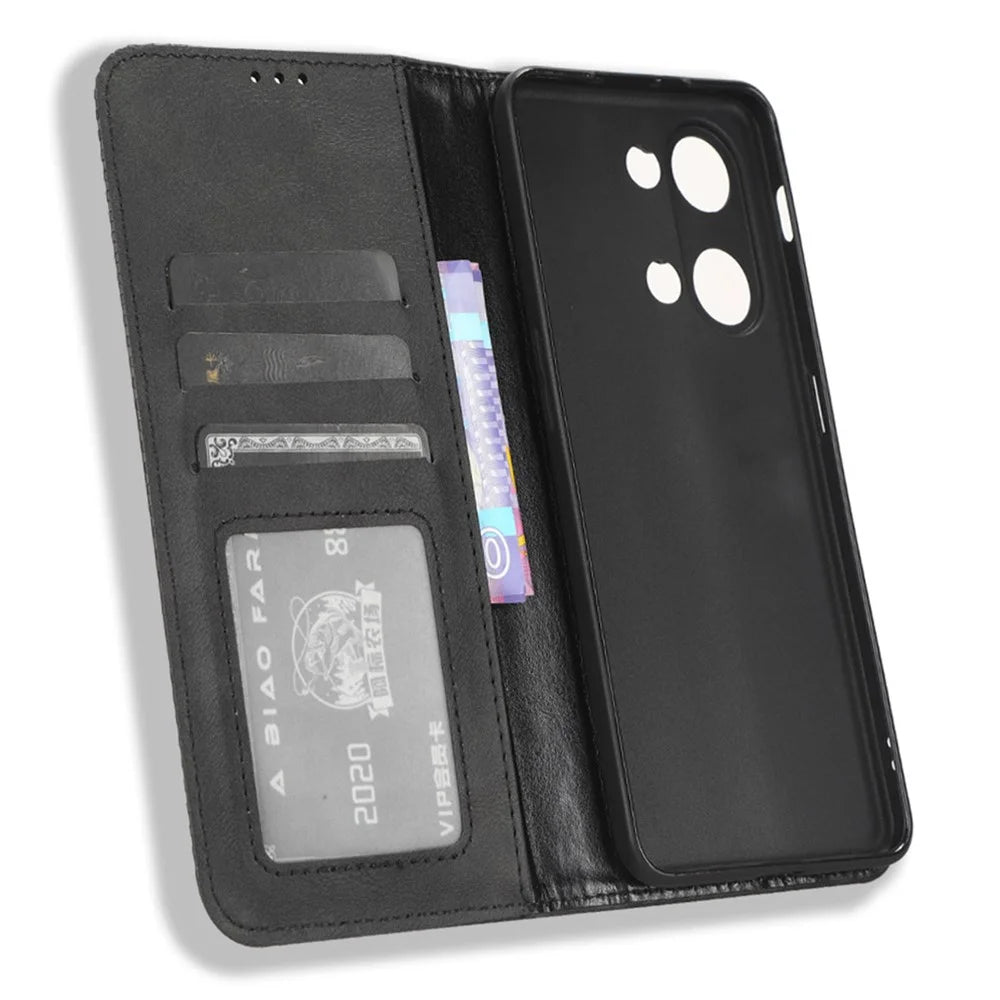 For OnePlus Nord 3 5G / Ace 2V Retro Phone Case PU Leather+TPU Phone Cover with Wallet Stand - Black - 4