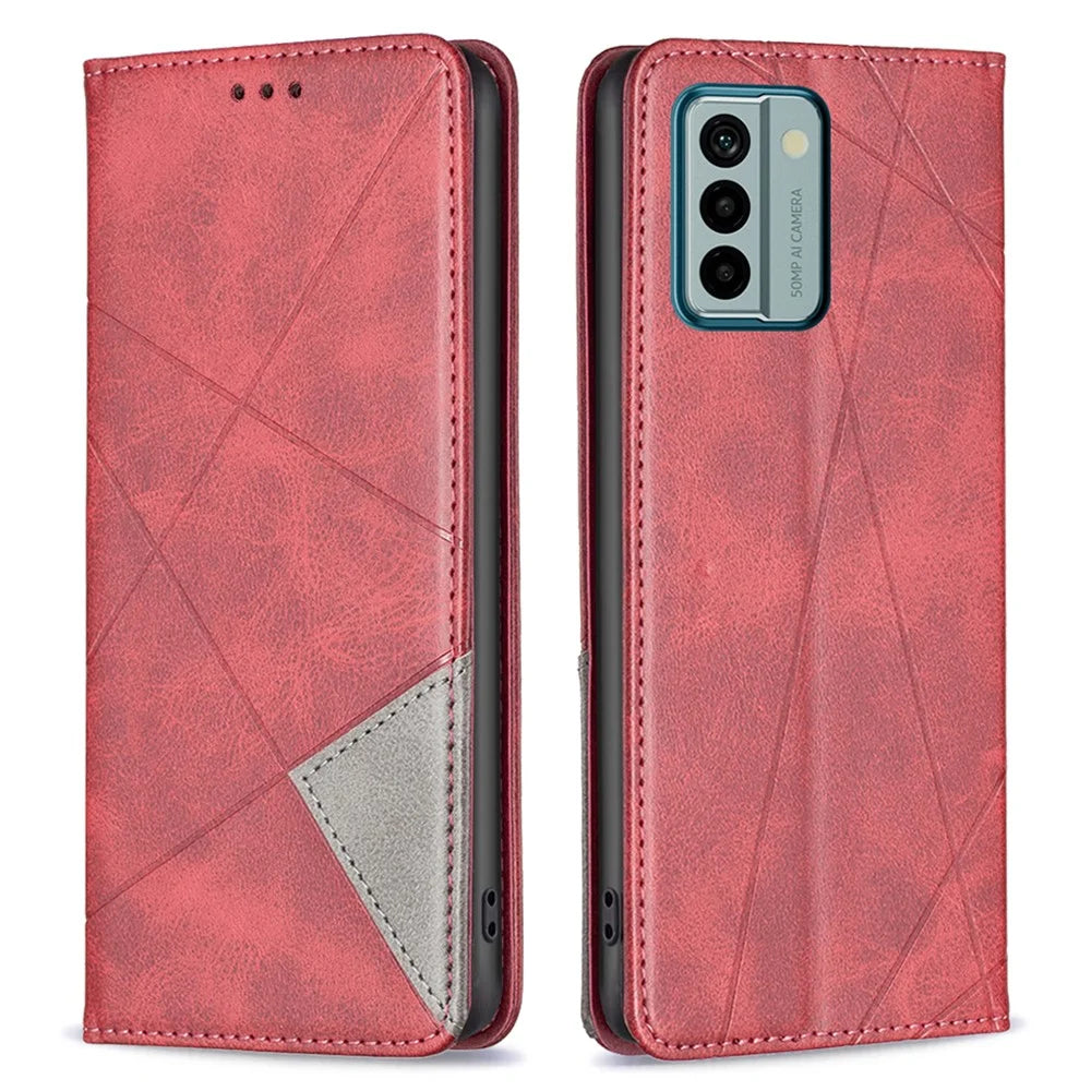 For Nokia G22 Splicing PU Leather Card Holder Protective Shell Imprinting Pattern Cell Phone Stand Case - Red - 1