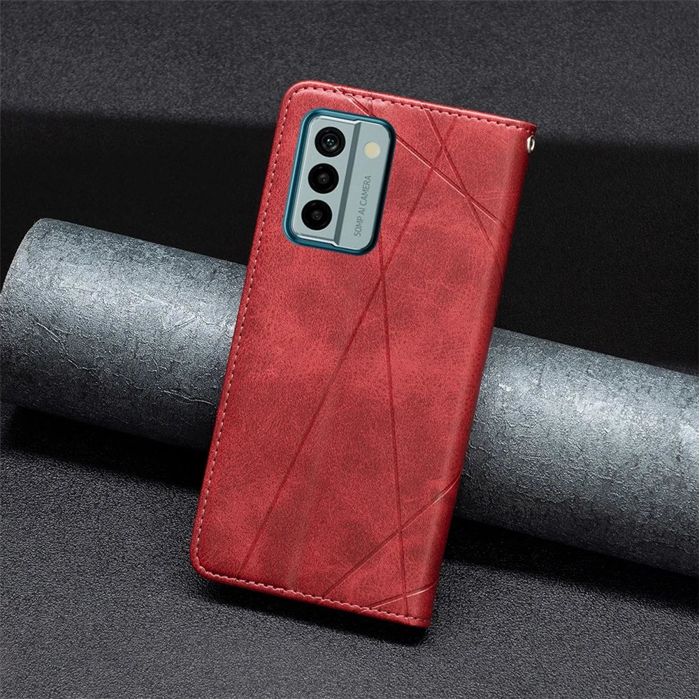 For Nokia G22 Splicing PU Leather Card Holder Protective Shell Imprinting Pattern Cell Phone Stand Case - Red - 6