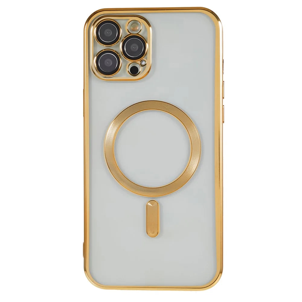 For iPhone 12 Pro Max 6.7 inch Clear TPU Phone Case Precise Cutouts Magnetic Cover with Lens Protector - Gold - 3