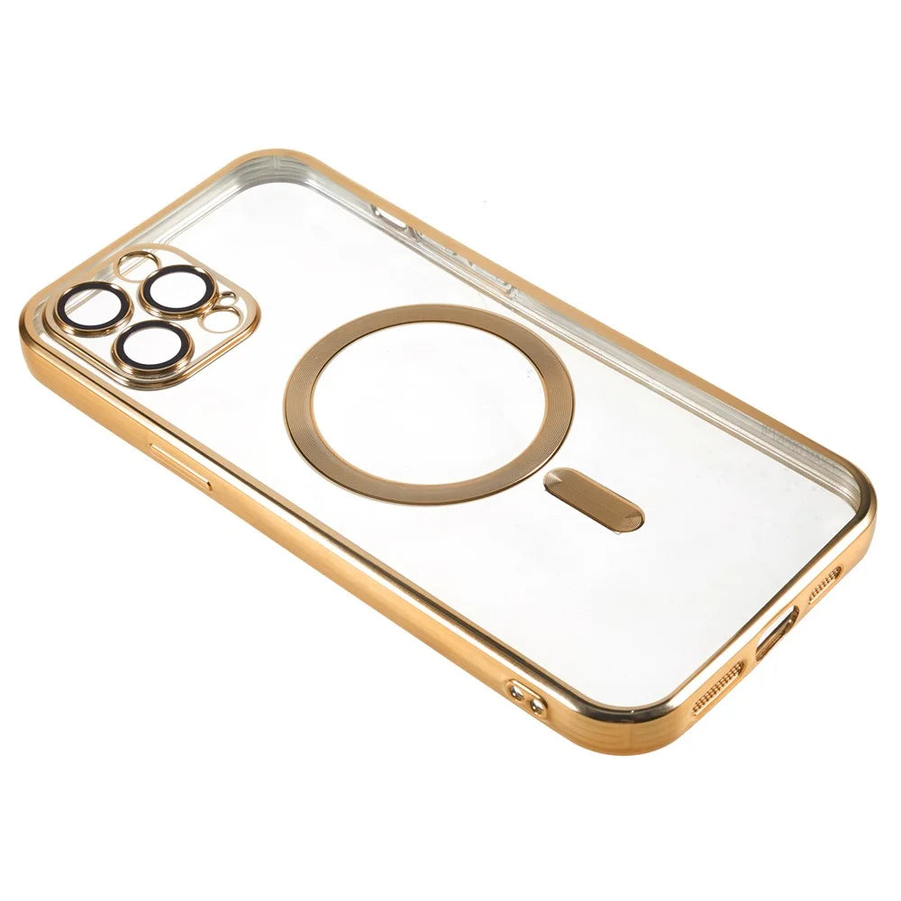 For iPhone 12 Pro Max 6.7 inch Clear TPU Phone Case Precise Cutouts Magnetic Cover with Lens Protector - Gold - 4